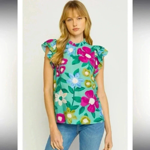 Entro Green Floral Print Ruffle Flutter Sleeve Medium - Picture 1 of 7